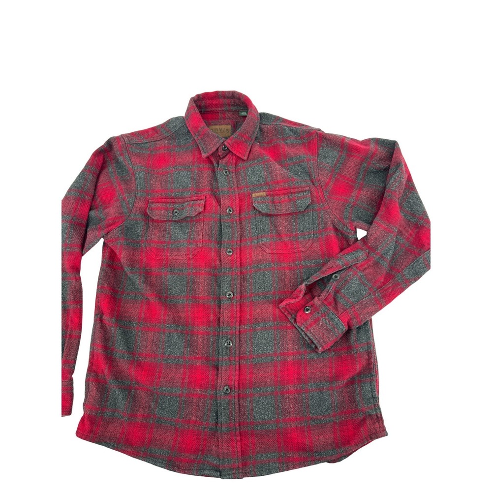 Orvis Flannel Shirt Jacket Mens Medium Red Grey Plaid Button Up Pockets Outdoor